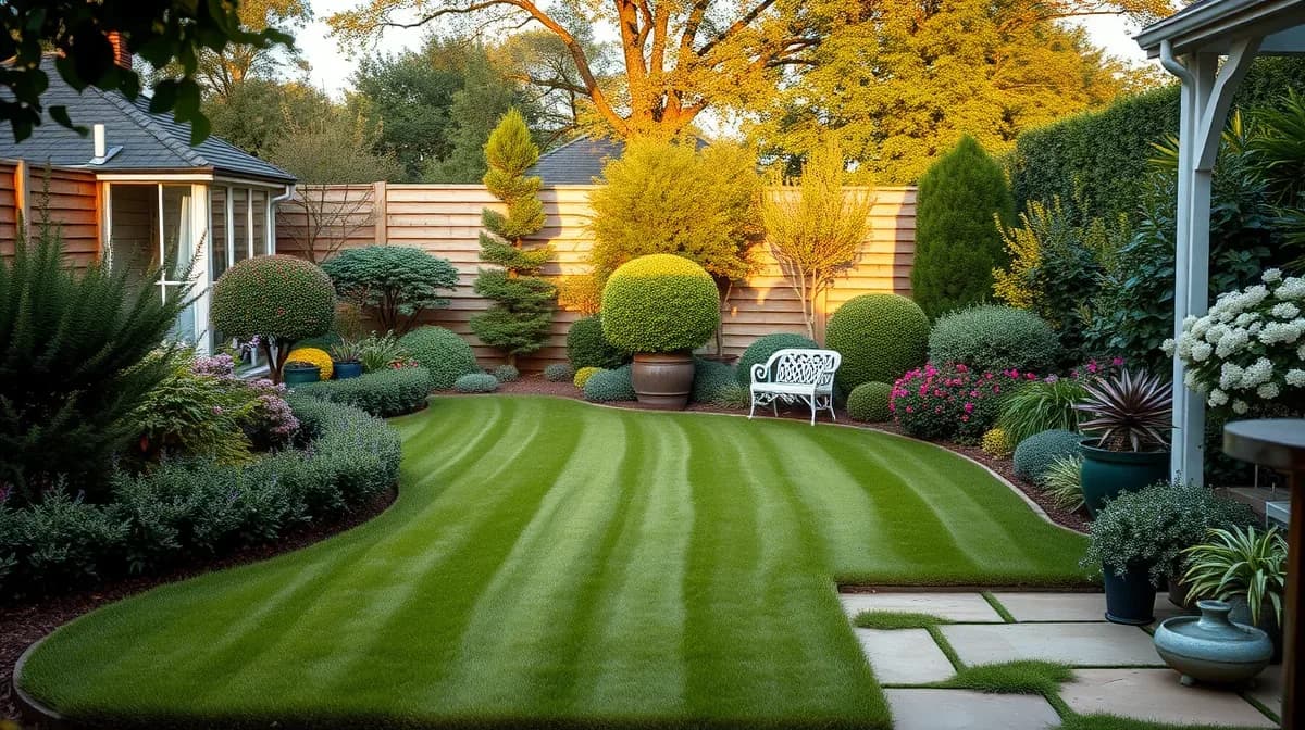 Landscaped English garden with striped lawn and sandstone patio